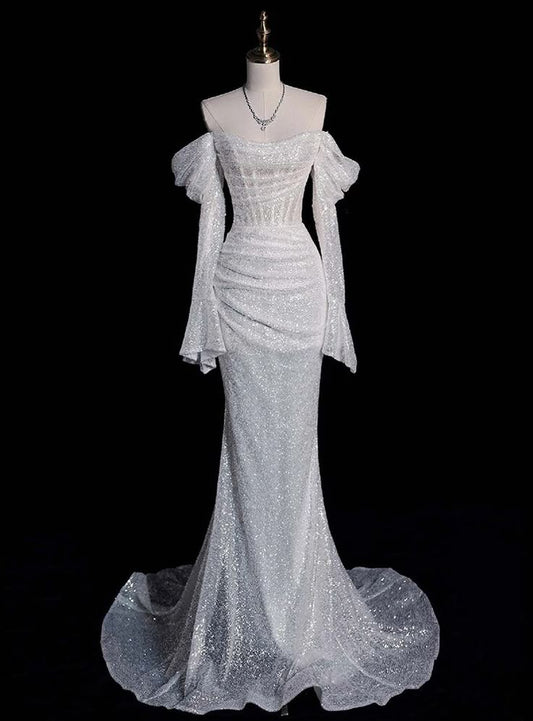 Vestido de novia elegante de sirena blanca con lentejuelas y mangas largas plisadas DP620