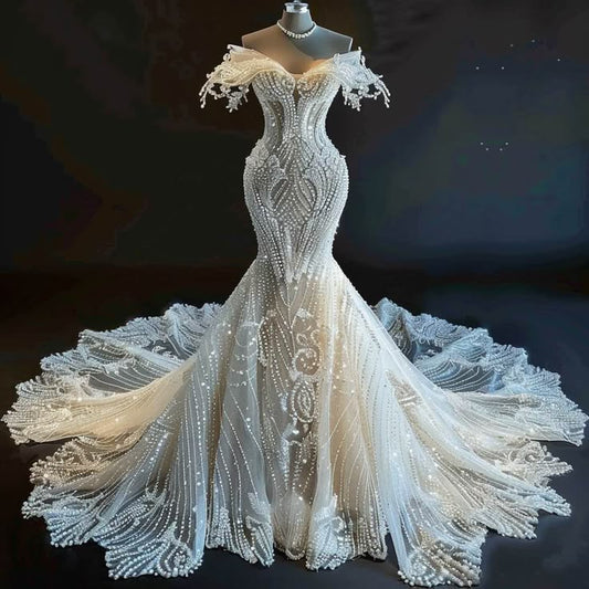 Vestido de novia largo de lujo blanco, exquisito vestido de sirena con hombros descubiertos, vestidos de novia DP623