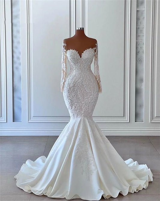 Vestido de novia elegante de manga larga con apliques de encaje de lujo DP624