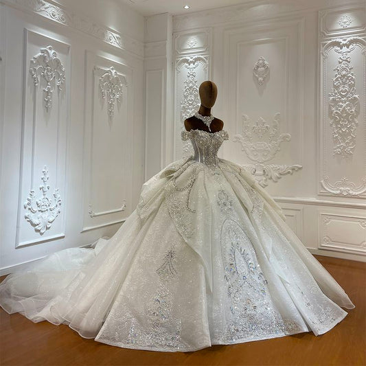 Vestido de novia elegante, de lujo, con tirantes al descubierto y apliques de encaje, DP628