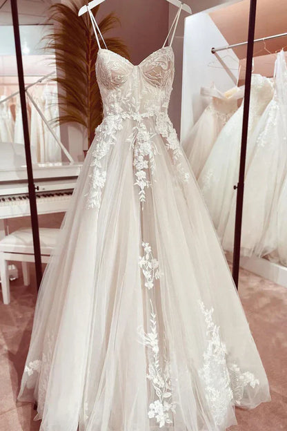 Vestido de novia elegante con tirantes finos italianos, corte A, encaje, DP636