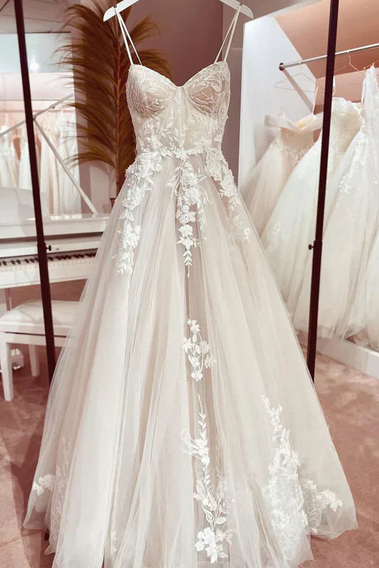 Vestido de novia elegante con tirantes finos italianos, corte A, encaje, DP636