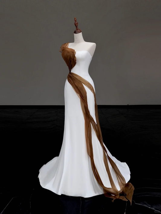 Vestido de novia de verano de satén blanco sin tirantes, corte sirena, estilo atemporal, DP637