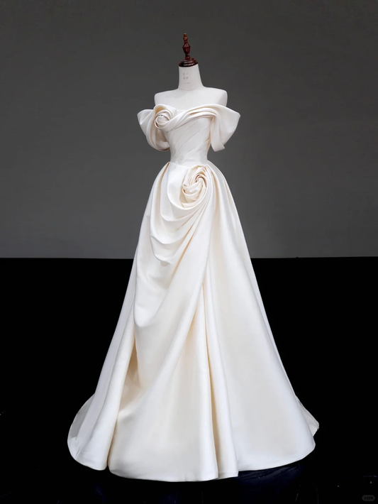 Vestido de novia largo de satén con flores, corte A y hombros descubiertos, elegante y elegante, DP639
