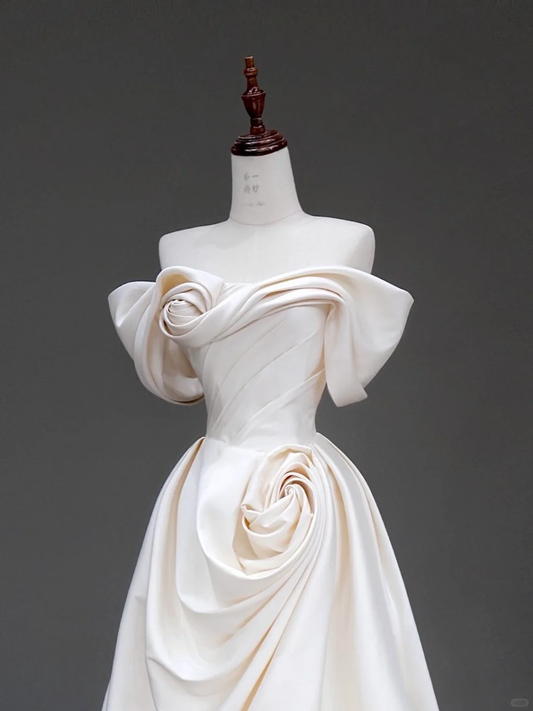 Vestido de novia largo de satén con flores, corte A y hombros descubiertos, elegante y elegante, DP639