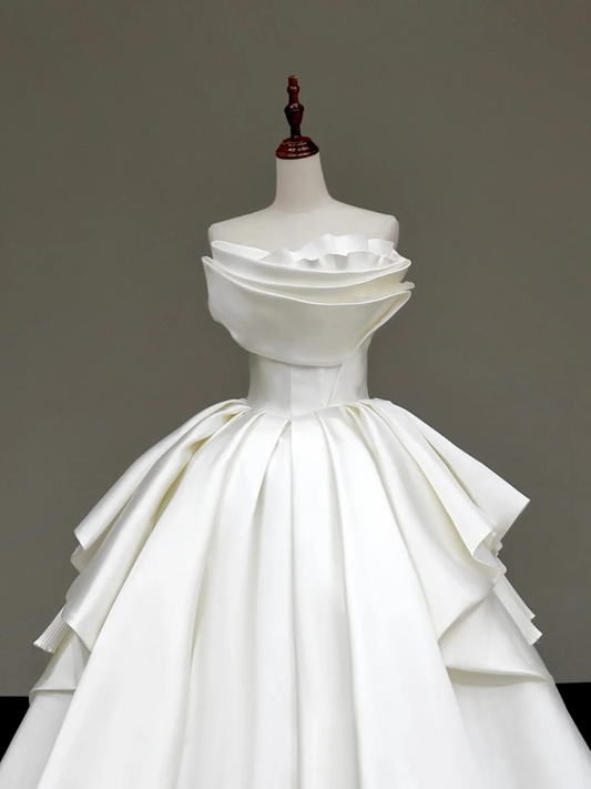 Vestido de novia único, sin tirantes, de satén blanco, DP641