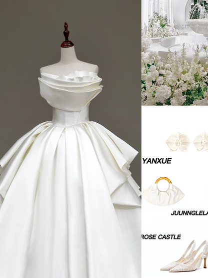 Vestido de novia único, sin tirantes, de satén blanco, DP651