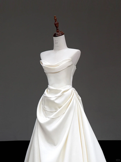Vestido de novia único, sin tirantes, de satén blanco, sin mangas, DP657