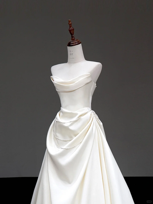 Vestido de novia único, sin tirantes, de satén blanco, DP642