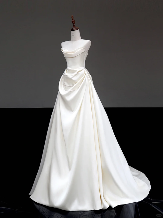 Vestido de novia único, sin tirantes, de satén blanco, sin mangas, DP657