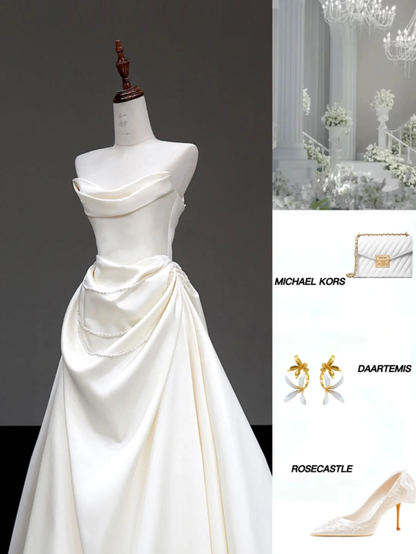 Vestido de novia único, sin tirantes, de satén blanco, sin mangas, DP657