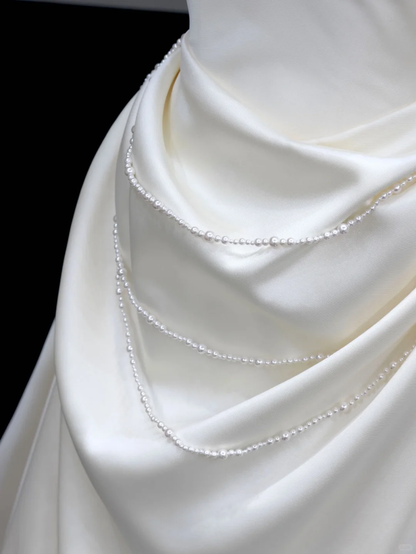 Vestido de novia único, sin tirantes, de satén blanco, sin mangas, DP657