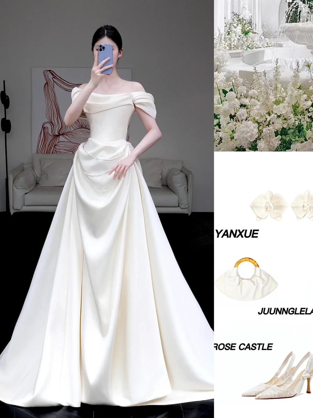 Vestido de novia largo de satén blanco, elegante y con corte en A y hombros descubiertos, DP644