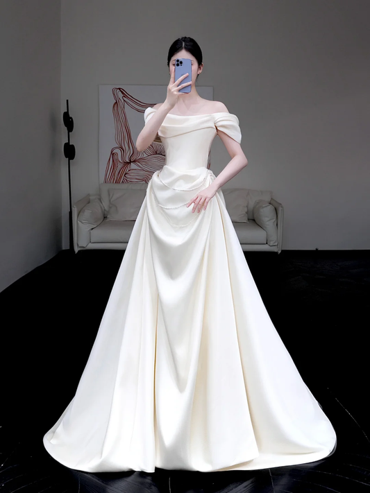 Vestido de novia largo de satén blanco, elegante y con corte en A y hombros descubiertos, DP644