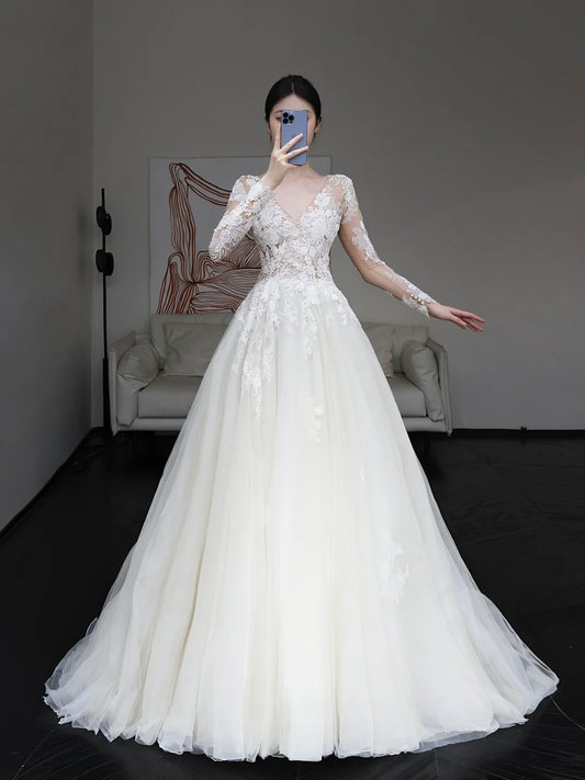 Vestido de novia único, vestido de fiesta, escote en V, mangas largas, encaje blanco, vestidos de novia DP645