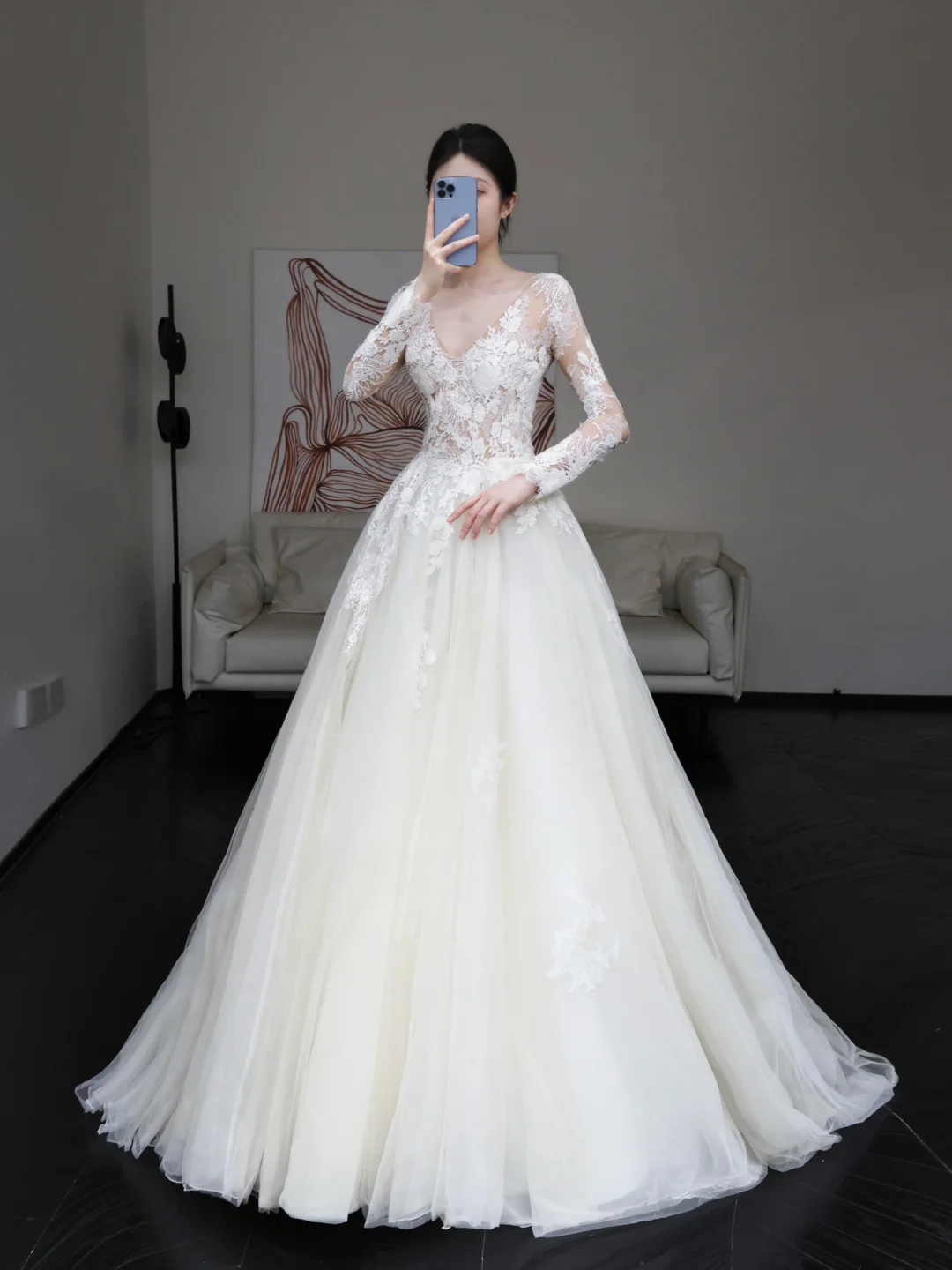 Vestido de novia único, vestido de fiesta, escote en V, mangas largas, encaje blanco, vestidos de novia DP843