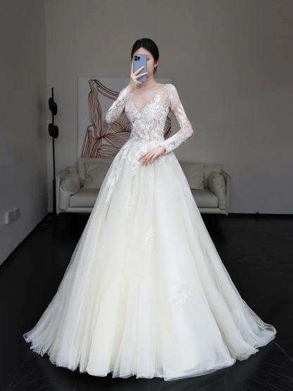 Vestido de novia único, vestido de fiesta, escote en V, mangas largas, encaje blanco, vestidos de novia DP843