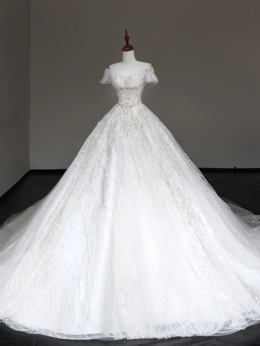 Vestido de novia de lujo con hombros descubiertos, mangas cortas y lentejuelas, con cola DP648
