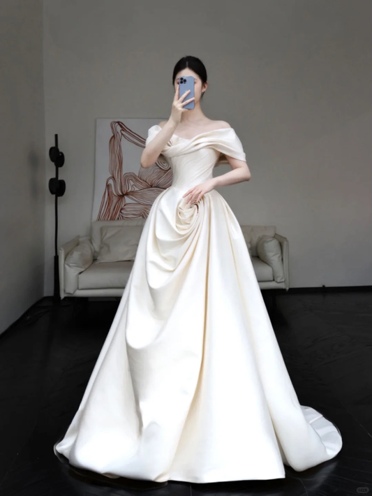 Vestido de novia largo de satén blanco, elegante y con corte en A y hombros descubiertos, DP649