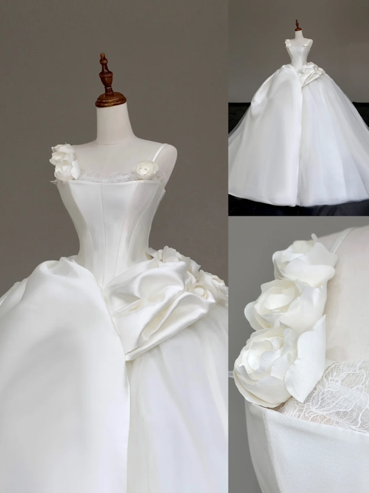 Vestido de novia único con tirantes de satén blanco, DP650