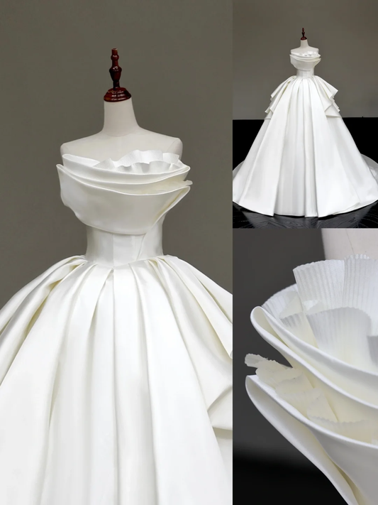 Vestido de novia único, sin tirantes, de satén blanco, DP651