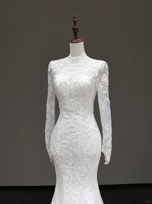 Vestido de novia vintage de sirena, escote alto, blanco, mangas largas, encaje, elegante, DP652