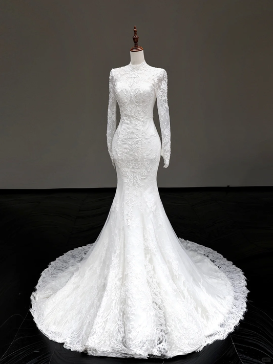 Vestido de novia vintage de sirena, escote alto, blanco, mangas largas, encaje, elegante, DP652