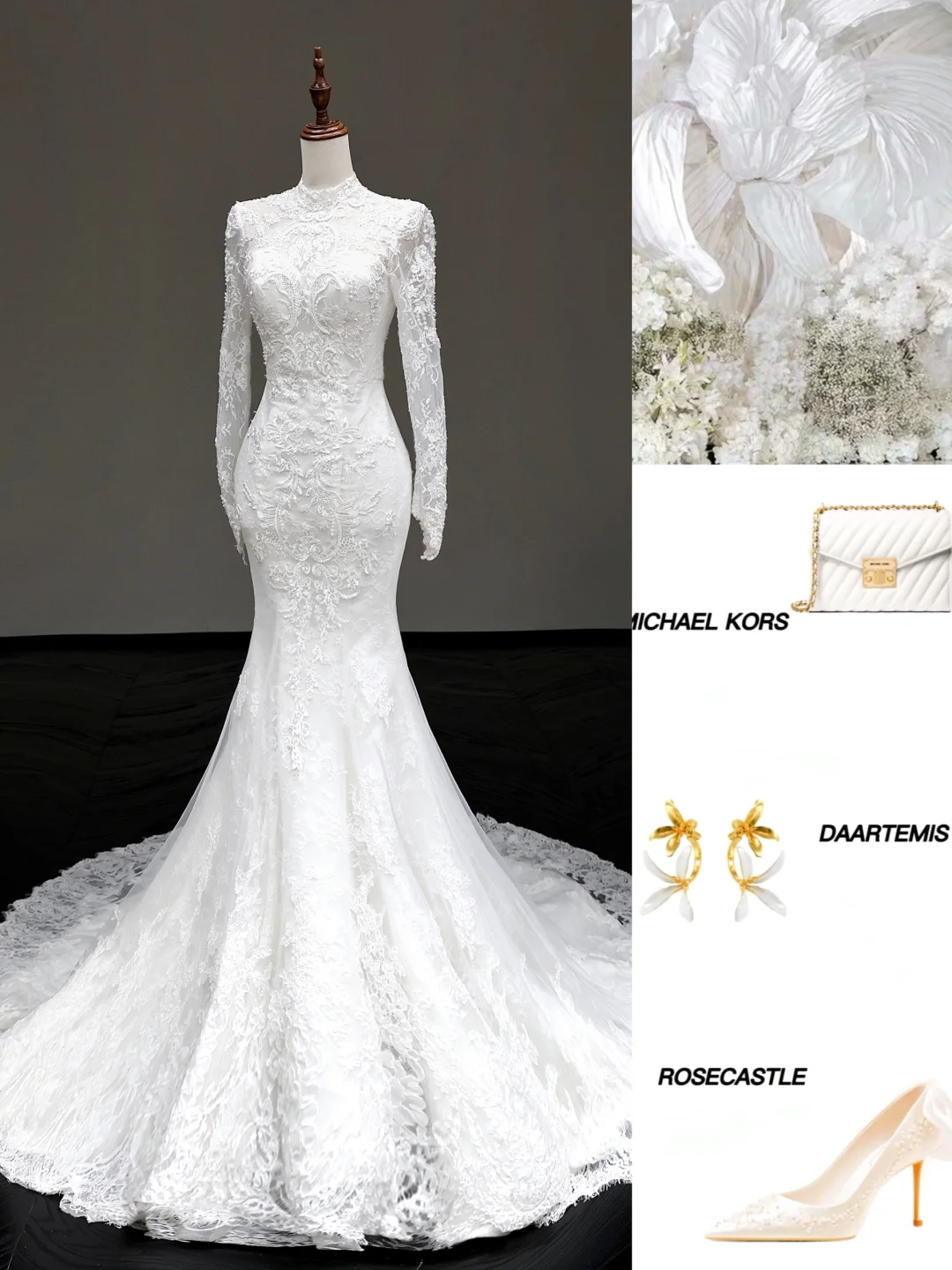 Vestido de novia vintage de sirena, escote alto, blanco, mangas largas, encaje, elegante, DP652