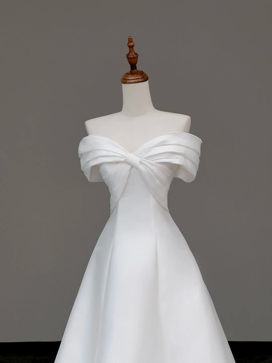 Vestido de novia largo de satén blanco, elegante y con corte en A y hombros descubiertos, DP653