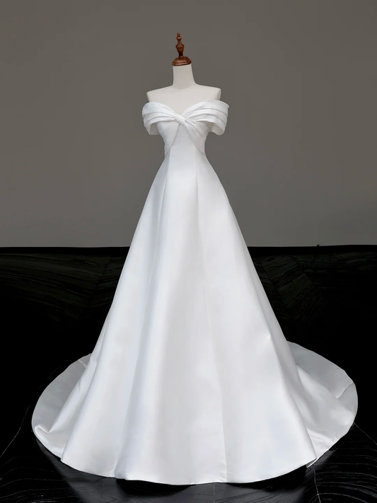 Vestido de novia largo de satén blanco, elegante y con corte en A y hombros descubiertos, DP653