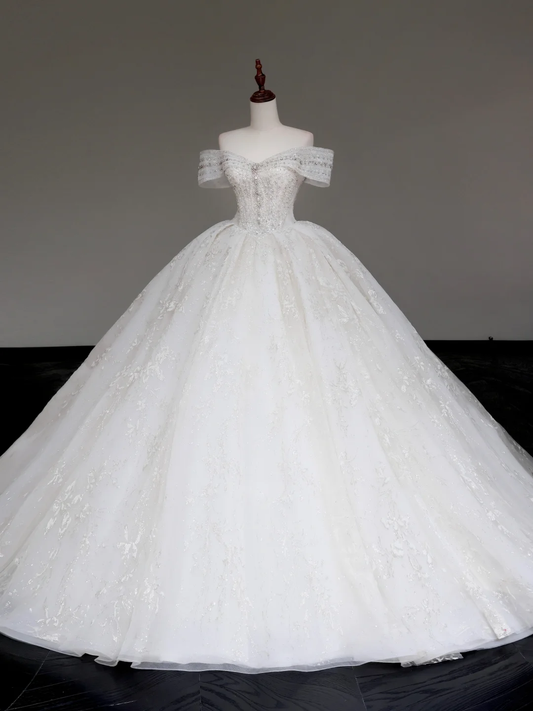 Vestido de novia de lujo con hombros descubiertos, mangas cortas y encaje, con cola DP654
