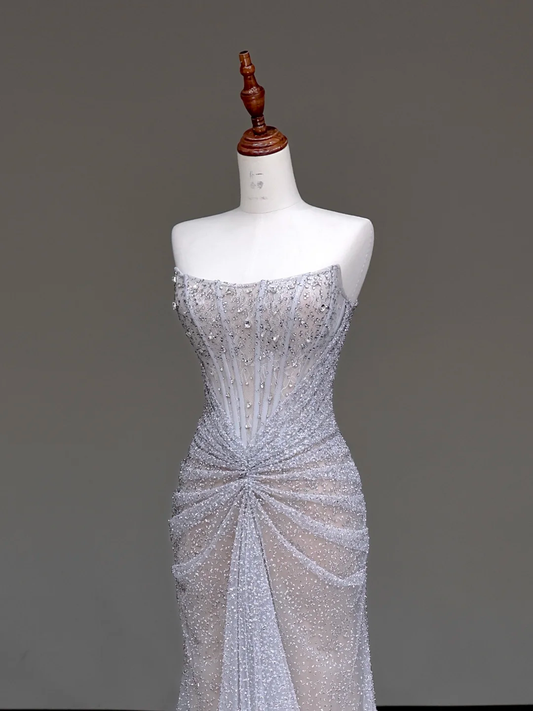 Hermosos vestidos de fiesta largos de sirena sin tirantes con lentejuelas en gris plateado DP655