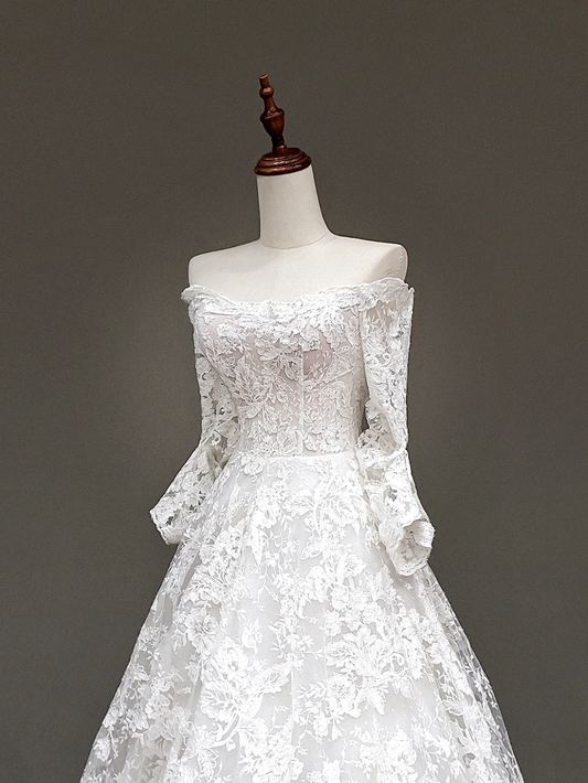 Vestido de novia elegante, corte A, hombros descubiertos, encaje blanco, mangas largas, DP656