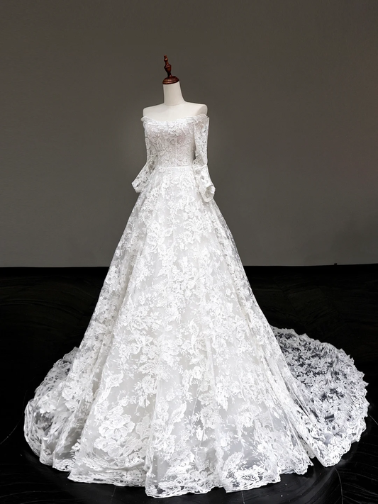 Vestido de novia elegante, corte A, hombros descubiertos, encaje blanco, mangas largas, DP656