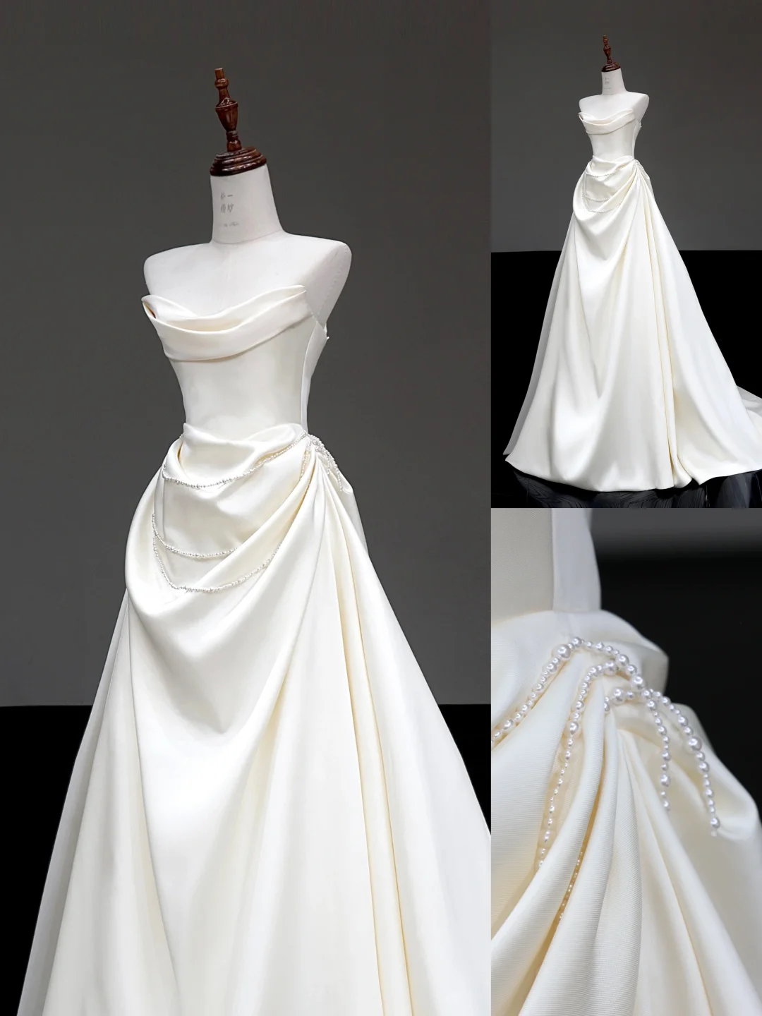 Vestido de novia único, sin tirantes, de satén blanco, sin mangas, DP657