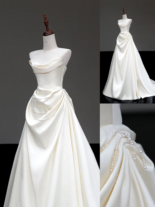 Vestido de novia único, sin tirantes, de satén blanco, sin mangas, DP657