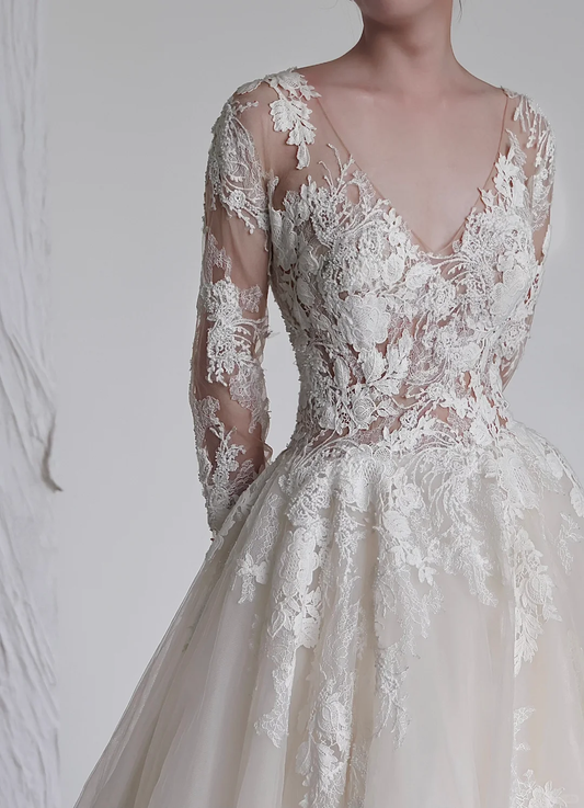 Vestido de novia único, vestido de fiesta, escote en V, mangas largas, encaje blanco, vestidos de novia DP659