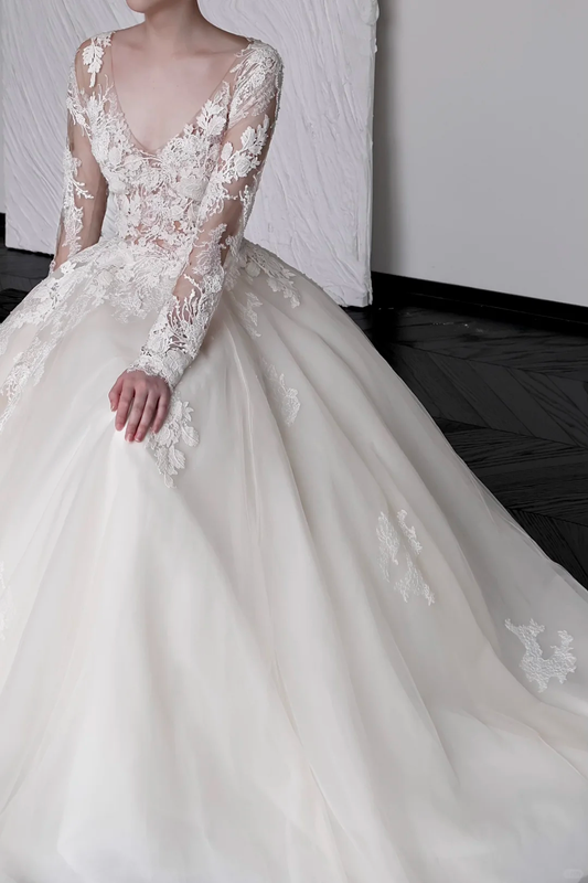 Vestido de novia único, vestido de fiesta, escote en V, mangas largas, encaje blanco, vestidos de novia DP659