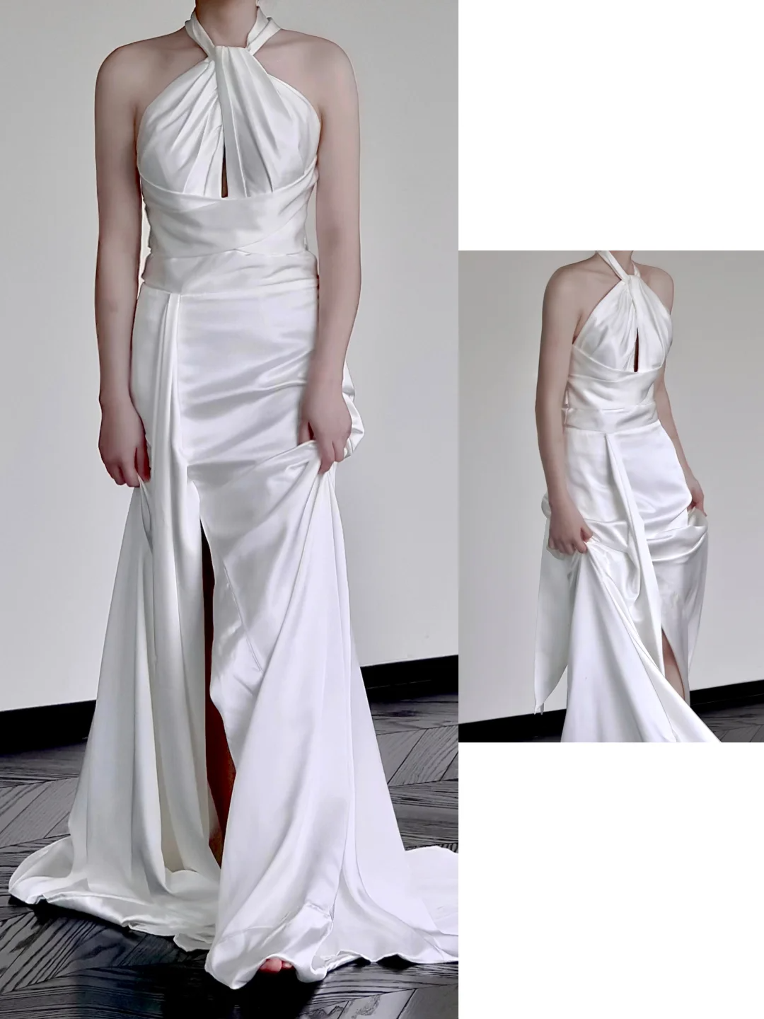 Vestido de novia único de satén blanco con escote halter y corte en A DP662