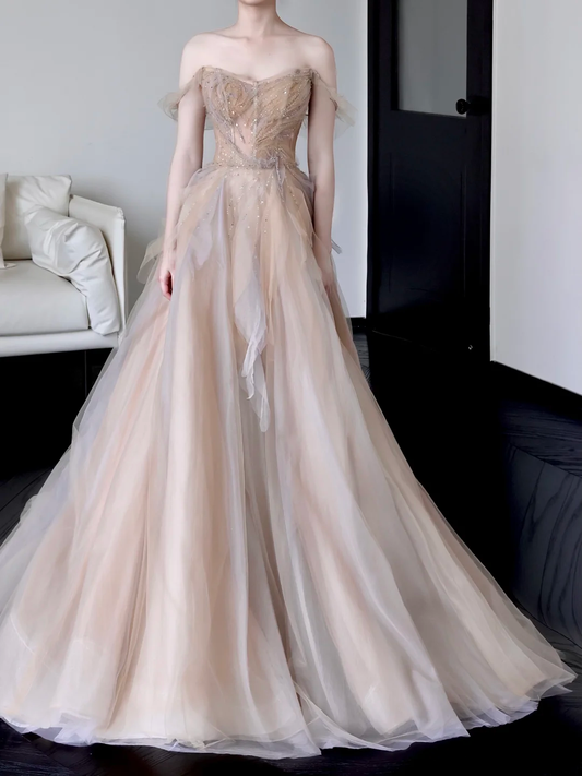 Hermoso vestido de fiesta largo de tul color champán con hombros descubiertos, vestidos de graduación DP664