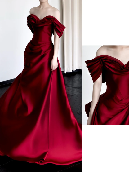 Hermosos vestidos de graduación largos de satén burdeos con hombros descubiertos y corte sirena DP665