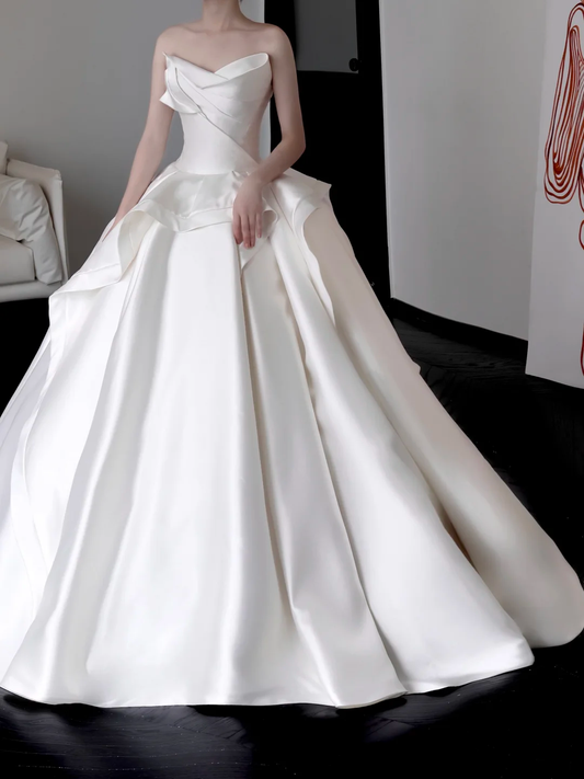Vestido de novia único, vestido de fiesta, escote corazón, satén blanco, vestidos de novia DP666