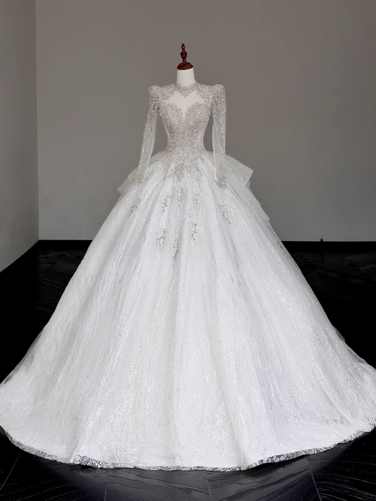 Vestido de novia único, vestido de fiesta, escote alto, mangas largas, encaje blanco, vestidos de novia DP667
