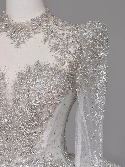 Vestido de novia único, vestido de fiesta, escote alto, mangas largas, encaje blanco, vestidos de novia DP667