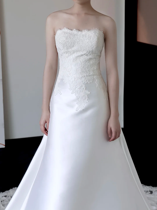 Vestido de novia único de sirena sin tirantes, de satén blanco, DP670