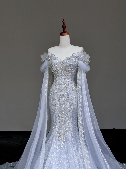 Vestido de novia elegante de corte sirena con hombros descubiertos y lentejuelas azules, manga larga, DP672
