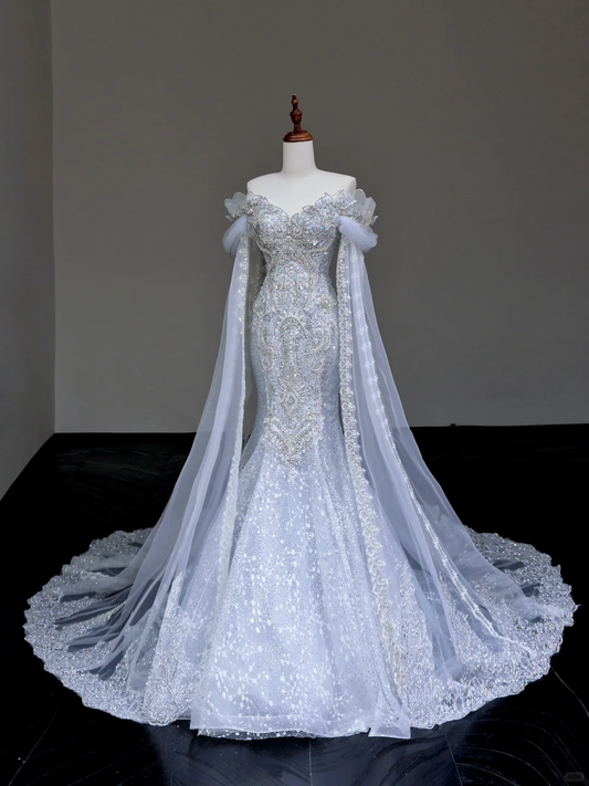 Vestido de novia elegante de corte sirena con hombros descubiertos y lentejuelas azules, manga larga, DP672
