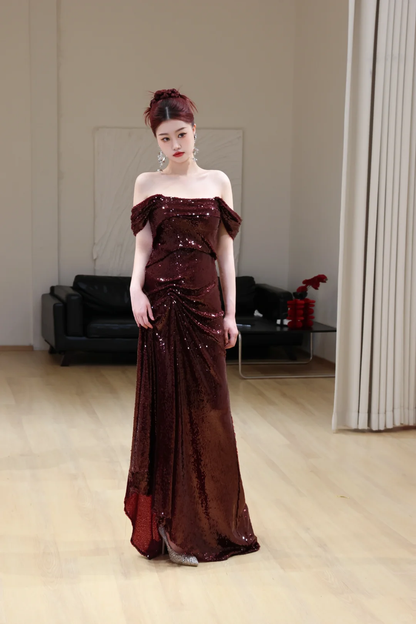 Hermoso vestido de fiesta largo con lentejuelas color burdeos y hombros descubiertos, estilo sirena, DP673