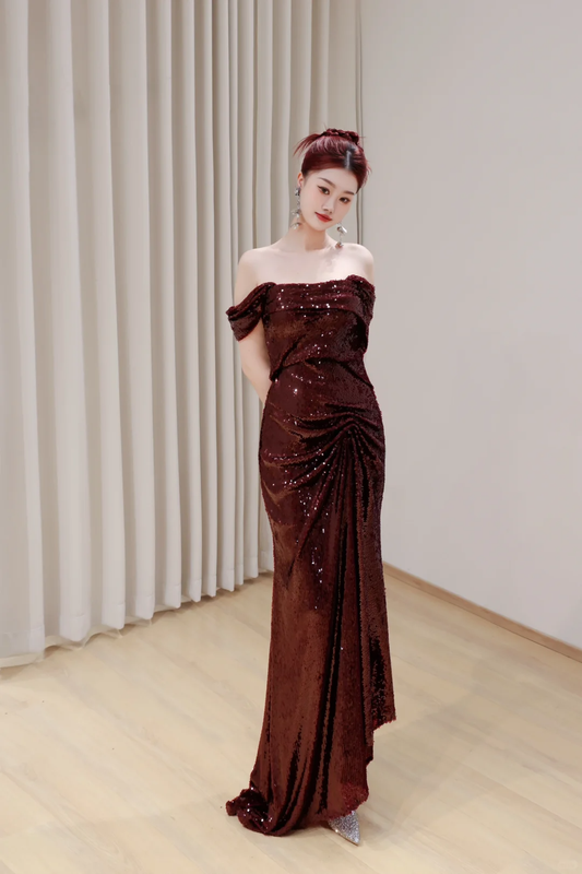 Hermoso vestido de fiesta largo con lentejuelas color burdeos y hombros descubiertos, estilo sirena, DP673