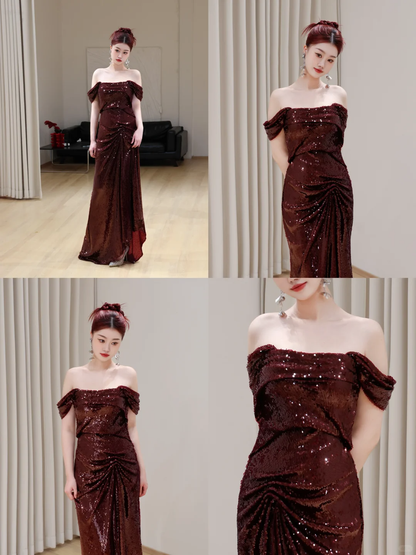 Hermoso vestido de fiesta largo con lentejuelas color burdeos y hombros descubiertos, estilo sirena, DP673